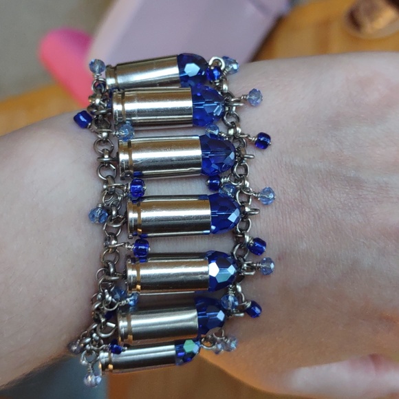 Handmade Bullet Shell Casing Bracelet With Blue Swarovski Crystals - Picture 8 of 15